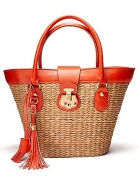 Talbots Woven Tote with Orange Leather Trim and gold hardware